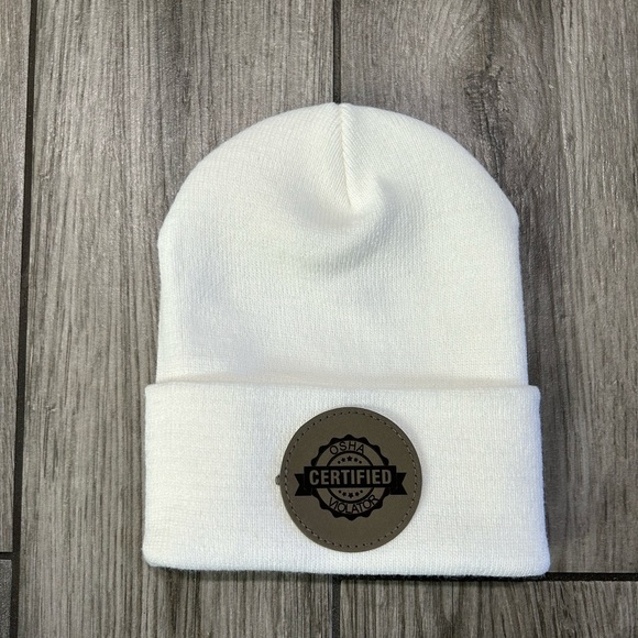 Laser engraved leather patch beanie. OSHA - Picture 2 of 3